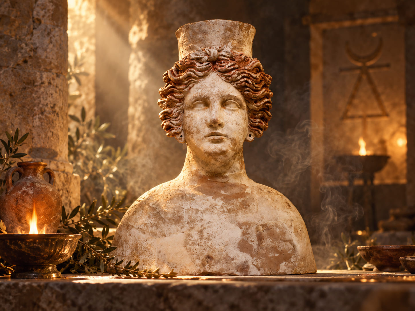 Ancient bust inspired by the goddess Tanit, set in a stone space with warm light, subtle smoke and Mediterranean ritual elements. The scene combines archaeological realism with a mystical atmosphere, evoking Punic Ibiza, ancient cults and the island’s most sacred and enigmatic side.