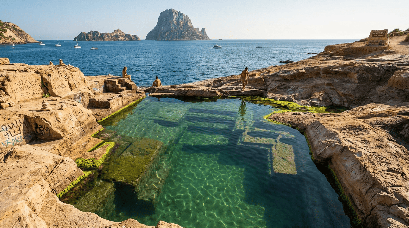View of Atlantis Ibiza, Sa Pedrera, with natural rock pools carved into the stone and Es Vedrà rising over the Mediterranean in the background.