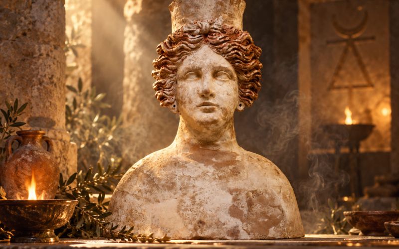 Busto antiguo inspirado en la diosa Tanit, situado en un espacio de piedra con luz cálida, humo sutil y elementos rituales mediterráneos. La escena combina realismo arqueológico y atmósfera mística, evocando la Ibiza púnica, los antiguos cultos y el lado más sagrado y enigmático de la isla.
